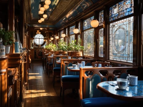 In a room of a train car in the style of intricate woodwork with tables and chairs, sunlight shines through windows. Generative AI.