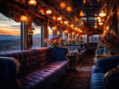 Velvet sofa inside a train car in the style of luxury, with flower vase, light from lamps to illuminate in the evening atmosphere. Generative AI.