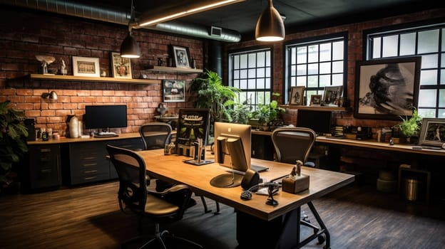 Inspiring office interior design Industrial style Corporate Office featuring Exposed brick wall architecture. Generative AI AIG 31.