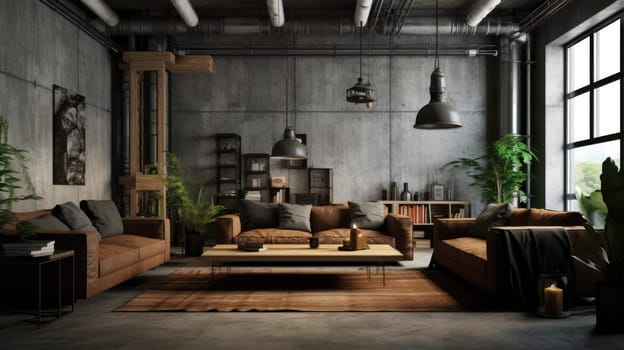 Inspiring office interior design Industrial style Lounge featuring Exposed pipes architecture. Generative AI AIG 31.