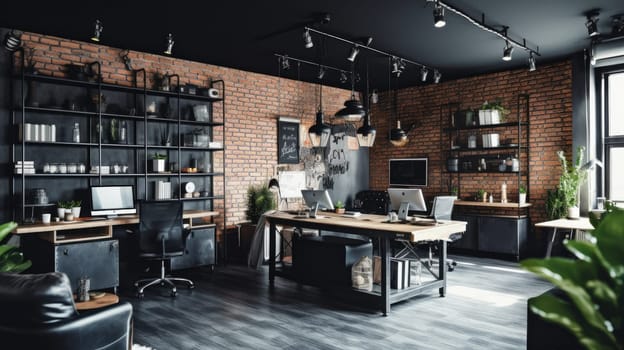 Inspiring office interior design Industrial style Office featuring Exposed bricks architecture. Generative AI AIG 31.