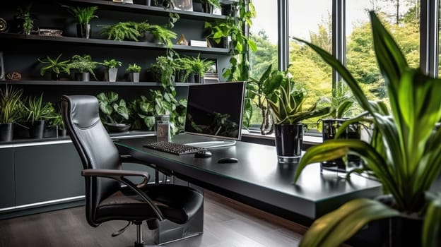 Inspiring office interior design Modern style Office featuring Statement desk architecture. Generative AI AIG 31.