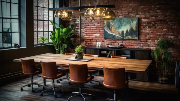 Inspiring office interior design Industrial style Meeting Room featuring Exposed brick wall architecture. Generative AI AIG 31.