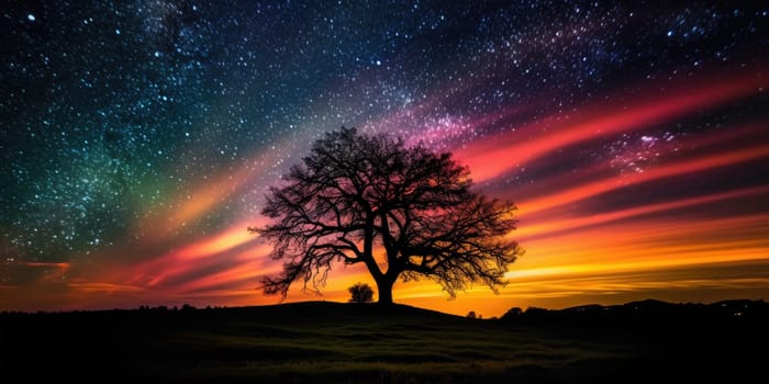 Tree silhouette on a hill with colorful swirling galaxy in the sky. Generative AI AIG27.