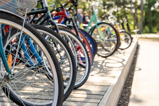 Bicycles standing in a row in the parking lot in the city park. bicycle parking. bicycle rental. Healthy lifestyle. wheels and tires