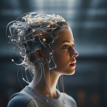 The wires are connected to the head of a young woman. Neural interface