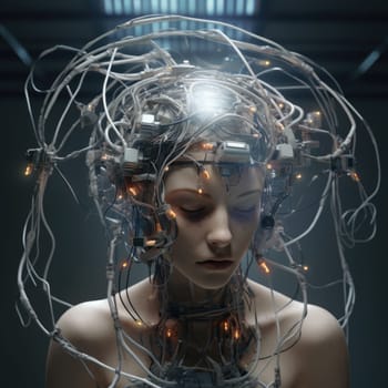 The wires are connected to the head of a young woman. Neural interface