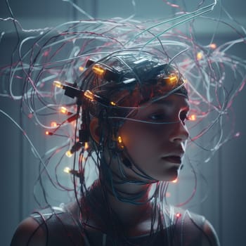 The wires are connected to the head of a young woman. Neural interface