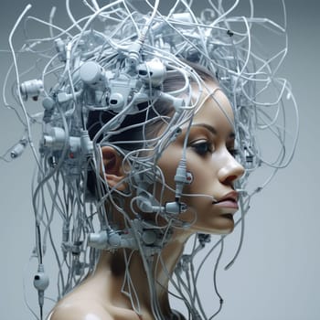 The wires are connected to the head of a young woman. Neural interface