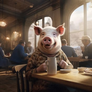 A big pig sits in a cafe among people. The concept of human characteristics