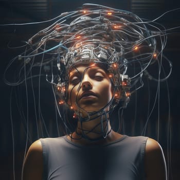 The wires are connected to the head of a young woman. Neural interface