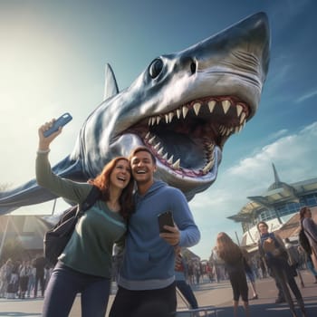 Joyful people take selfies with a huge shark. Rest