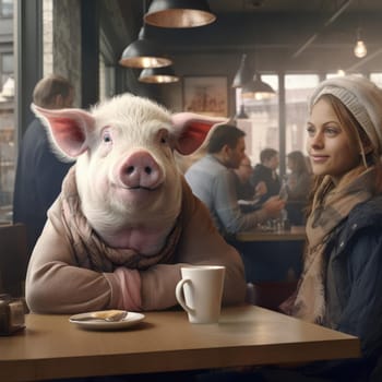 A big pig sits in a cafe among people. The concept of human characteristics