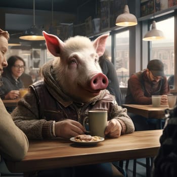 A big pig sits in a cafe among people. The concept of human characteristics