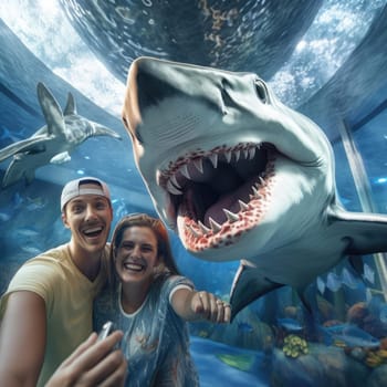 Joyful people take selfies with a huge shark. Rest