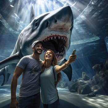 Joyful people take selfies with a huge shark. Rest