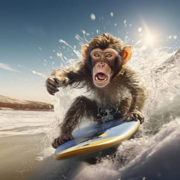 A monkey swims on a wave on a surfboard. Leisure concept