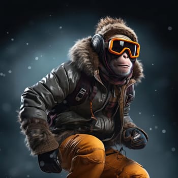 Monkey in winter in a down jacket. The concept of winter clothing