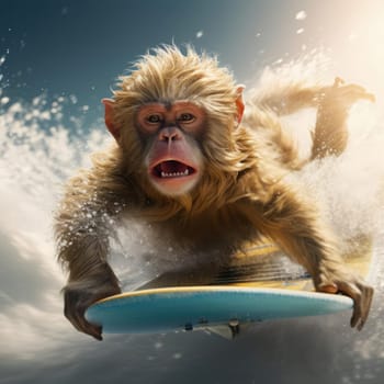 A monkey swims on a wave on a surfboard. Leisure concept