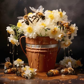 A vase of flowers and bees collect honey. The concept of nature