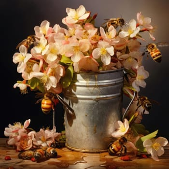 A vase of flowers and bees collect honey. The concept of nature