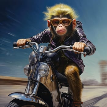 A monkey rides a motorcycle. The concept of riding a motorcycle