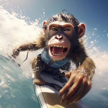 A monkey swims on a wave on a surfboard. Leisure concept