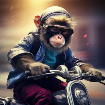 A monkey rides a motorcycle. The concept of riding a motorcycle