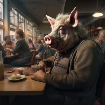 A big pig sits in a cafe among people. The concept of human characteristics