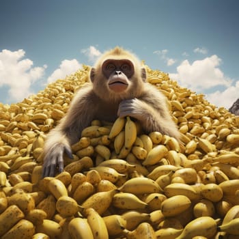 Surprised monkey in a big pile of bananas