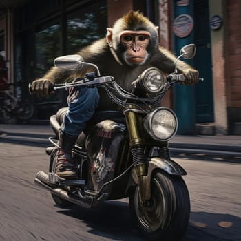 A monkey rides a motorcycle. The concept of riding a motorcycle