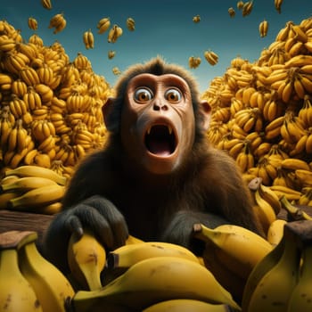 Surprised monkey in a big pile of bananas