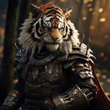 Harsh brutal tiger in samurai clothes on a dark background