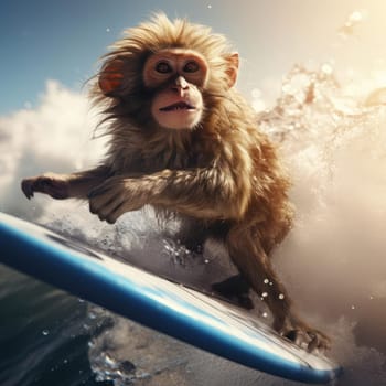 A monkey swims on a wave on a surfboard. Leisure concept