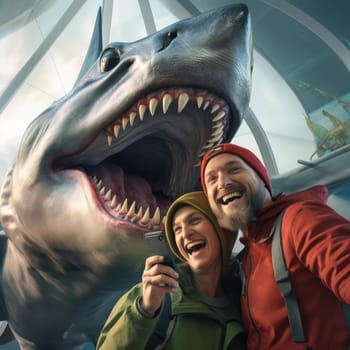 Joyful people take selfies with a huge shark. Rest