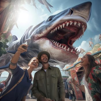 Joyful people take selfies with a huge shark. Rest