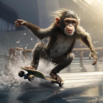 A monkey rides a skateboard through the city. Youth culture