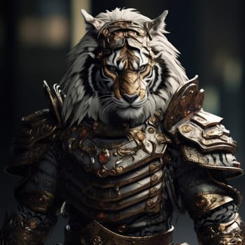 Harsh brutal tiger in samurai clothes on a dark background