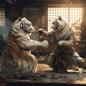 Two tigers fight on the tatami. Poster for martial arts school