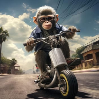 A monkey rides a motorcycle. The concept of riding a motorcycle