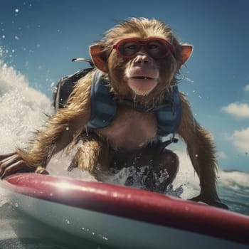 A monkey swims on a wave on a surfboard. Leisure concept