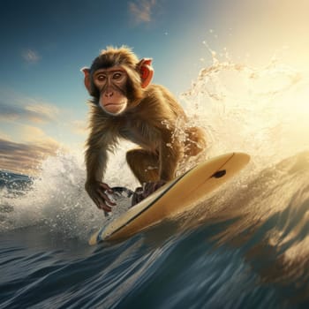 A monkey swims on a wave on a surfboard. Leisure concept