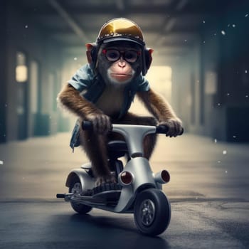 A monkey rides a motorcycle. The concept of riding a motorcycle