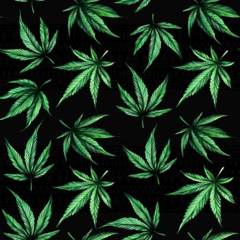 The seamless cannabis leaf pattern on a black background.marijuana pattern. Seamless pattern of green cannabis leaves on a black background. Green hemp leaves on a black background