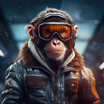 Monkey in winter in a down jacket. The concept of winter clothing