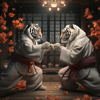 Two tigers fight on the tatami. Poster for martial arts school