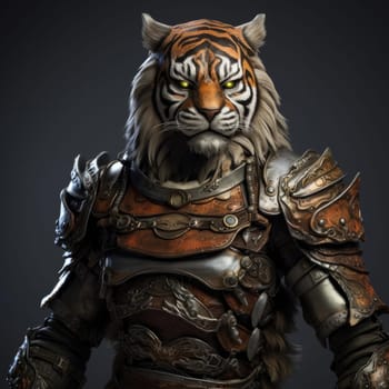 Harsh brutal tiger in samurai clothes on a dark background