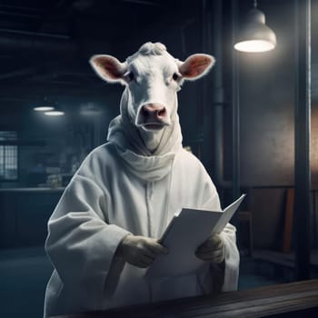 A cow in a white coat works on a modern dairy farm. Promotional poster for a milk producer