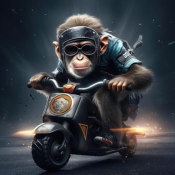 A monkey rides a motorcycle. The concept of riding a motorcycle