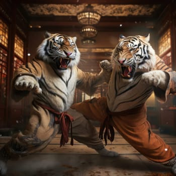 Two tigers fight on the tatami. Poster for martial arts school